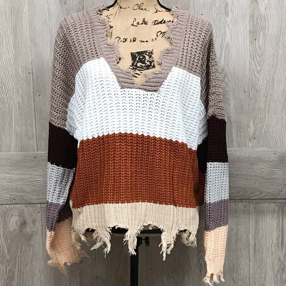 WeatherDistressed Color Block V-Neck Sweater BB318 - Picture 8 of 8